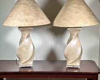 (2pc) KARL SPRINGER STYLE TWISTED LAMPS | Pair of composition twisted/spiral table lamps with stone design in the style of Karl Springer. - h. 30 x w. 7.5 x l. 7.5 in (w/o shade)