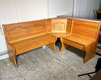 PINE WOOD CORNER BENCH | Carved pine corner bench unit with carved back and storage under seats. - h. 34.5 x w. 52.5 x l. 68 x d. 20.5 in