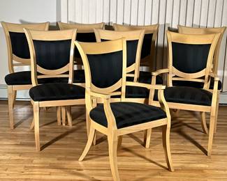 (8pc) POSTMODERN ITALIAN DINING CHAIRS  | Including 2 armchairs and 6 side chairs with black upholstery and light wood frame, Made in Italy for John Turano & Sons Inc. - h. 39.5 x w. 24 x d. 25 in
