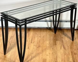 METAL & GLASS CONSOLE TABLE | Aluminum & glass-topped console table with splattered bronze paint. - h. 28 x w. 48 x d. 18 in
Item Code: 1U-9