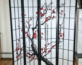 CHERRY BLOSSOM PANELED FOOM DIVIDER | Cloth & wood frame 4-panel room divider with cherry blossom design. - h. 70 x w. 17 in (per panel)
