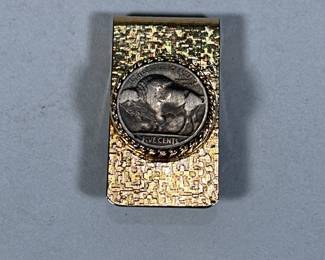 BUFFALO NICKEL MONEY CLIP | Gold-tone money clip with Buffalo nickel mounted on front, engraved on back "MAG" - w. 1 x l. 2 in