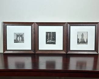 (3pc) WOLODYMYR GRITSIK NYC PRINTS | Set of 3 pictures of NYC including The Brooklyn Bridge, Radio City Music Hall, and the Flat Uron building, 5 x 4 in. Sight. - w. 12.5 x l. 12.5 in