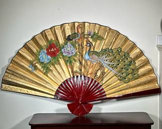 PEACOCK FAN | Monumental folding fan with gilt peacock design. - h. 40 x w. 66 in (fully extended)