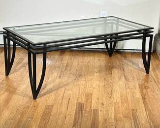GLASS-TOP COFFEE TABLE | Aluminum & glass-topped coffee table with splattered bronze paint. - h. 17.5 x w. 24 x l. 48 in