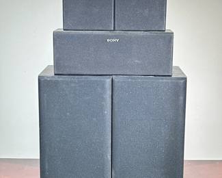 (5pc) SONY SURROUND SOUND SPEAKERS | Including: pair of large SS-U4030 speakers, center SS-CN9 speaker, and pair of smaller SS-SR9 speakers. - h. 16.5 x w. 10 x d. 10 in (largest)