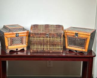 (3pc) DECORATIVE BOXES | Including 2 carved wood & bamboo boxes and 1 wicker box. - h. 12.5 x w. 16 x d. 10 in (largest)