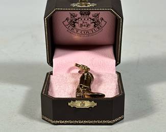 JUICY COUTURE COWBOY BOOT CHARM | Rare Juicy Couture Brown cowboy boot charm with full intact stirrup in original box, boot approx. 2 x 1 in. - h. 2 x w. 2.5 x l. 2.5 in (box)