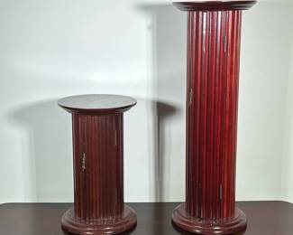 (2pc) CARVED PEDESTAL CABINETS | 2 carved pedestals with fluting, open to reveal small cabinet. - h. 32 x dia. 11.25 in (larger)