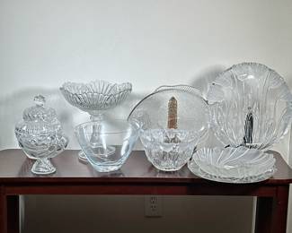 (9pc) CRYSTAL & GLASS PLATTERS & BOWLS | Including: NIB Mikasa platter, BLOCK crystal flower platter & bowl, cut crystal compotes, fish platter, and much more! -  h. 12 x dia. 12 in (largest)