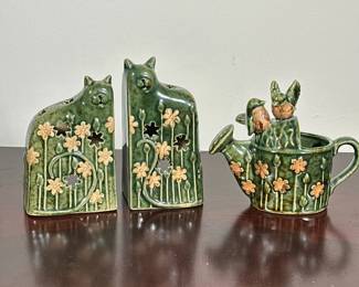 (3pc) ANIMAL POTTERY | Including 2 ceramic tealight candle holders with cats, and ceramic watering can with birds. - h. 6 x w. 2.25 x l. 3.25 in