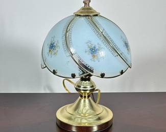 FLOWER DECORATED DESK LAMP | Brass desk lamp with painted glass shade decorated with flowers. - h. 14 x dia. 9 in