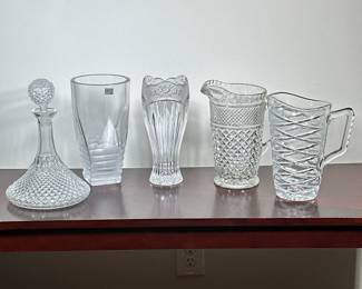 (4pc) CUT CRYSTAL & GLASS PITCHERS & OTHER | Including: 2 cut glass pitchers, cut glass decanter, and flower vase. -  h. 11 x dia. 7 in (decanter)