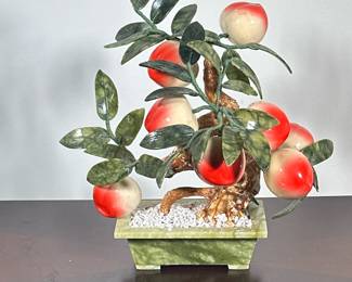 CARVED JADE PEACH BONSAI TREE | Carved jade peach bonsai tree with carved jade leaves and pot. - h. 14 x w. 8 x l. 12 in