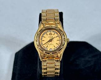 LOBOR 23K GOLD PLATED WRISTWATCH | Lobor Collection 23K gold plated wristwatch with Japan Quartz Movement 2005L with diamond simulant bordered dial. - l. 6 in