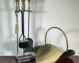 FIREPLACE TOOLS & LOG HOLDER | Set of fireplace tools with holder & log carrier/holder. -  h. 32 x w. 6.5 x l. 9.5 in (tool holder)
