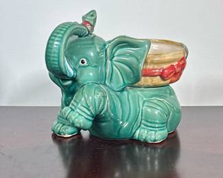 CERAMIC ELEPHANT BOWL | Glazed ceramic elephant with bowl. - h. 8.5 x w. 7 x l. 10 in
