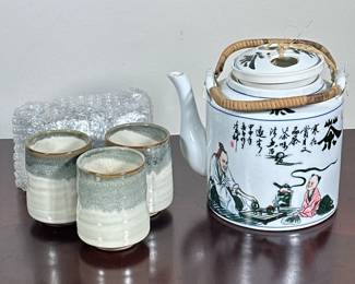 (6pc) TEAPOT & CUPS | Including: Chinese teapot with ceramic tea filter and 5 glazed ceramic cups. - h. 8 x dia. 5 in