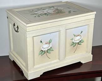 FLOWER PAINTED BLANKET BOX | Felt lined blanket box decorated with white roses. - h. 16.25 x w. 22 x d. 14.75 in