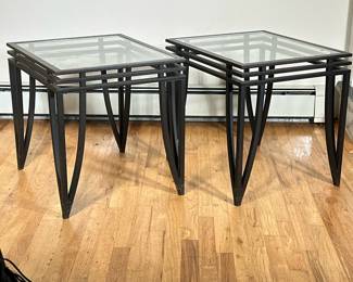 (2pc) PAIR ALUMINUM & GLASS SIDE TABLES | Pair of inlay glass top black painted aluminum bedside tables. - h. 21.75 x w. 20 x l. 24 in