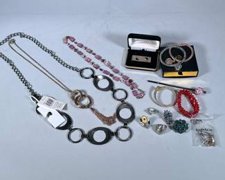 MIXED COSTUME JEWELRY | Including: pair Pandora's Box Tree of Life charm bracelets, 5 mixed metal & stone rings sized 6-8, 2 pair of earrings, intertwined ring necklace, cut stone necklace, Nine West necklace, bracelets, hair pin, and more!