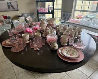 Lots of pink. Mosser thistle vintage pieces and Heart plates