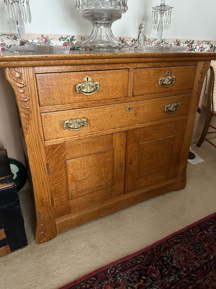 Lot (20) Antique Tiger Oak Washstand, 3 drawers, cupboard, 45”w 20d 36.5h