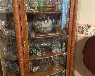 Lot (19) Antique Tiger Oak Curved Glass China Cabinet 5 Shelves - Curio Cabinet 39”w 15d 63h. 