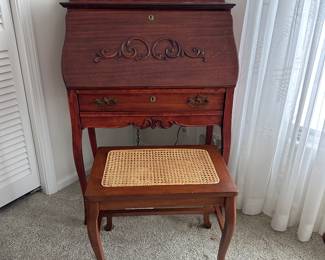 Lot (23) Antique Oak Larkin Style Secretary Desk with Bench.  Robert Wood Painting at top in mirror section.  Desk 30”w 16d 50h back, Bench 21”w 14d 18h.  