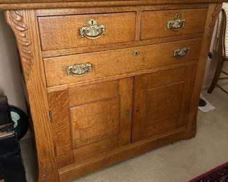 Lot (20) Antique Tiger Oak Washstand, 3 drawers, cupboard, 45”w 20d 36.5h 