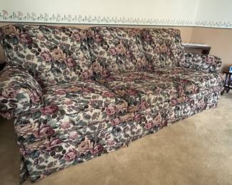 Lot (16) Floral Tapestry Hallagan Sofa - 84”L 33”D 32H back 17.5H seat.  Back cushions are attached, seat cushions attach via upholstery hooks.  