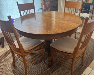 Lot (10) Oak Pedestal Table 45"d with Leaf and 4 Chairs 