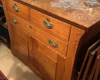 Lot (20) Antique Tiger Oak Washstand, 3 drawers, cupboard, 45”w 20d 36.5h 