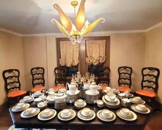 Dining room table with wrought iron base
HUGE dinner set 
Set of dining room chairs