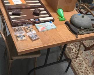 Wood game table $40, backgammon game $30, Candles$2-$5, Vintage School bell (it works)$100.