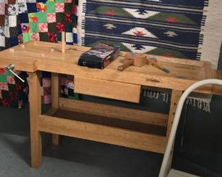 Wood work bench with 2 vices $75, Wood work hammers $5-$25, Quilt $45, Tapestry $40