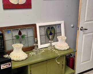 Green slide board table $60 (sold ), Stained Glass window frames $50 each, Vintage Lamps $60 pair