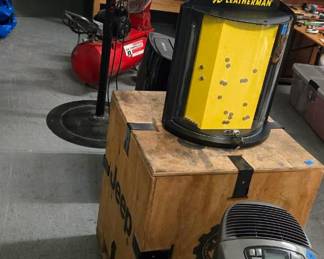 Leatherman (with keys) Display $75, Jeep wood crate $50, Hunter Air purifier $30, Shop fan $75,