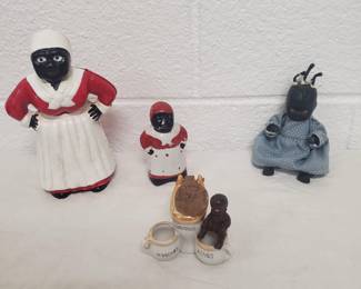 Black Americana Items - Cast Iron Bank - Salt Shaker - Bisque Doll - Cigarettes & Matches Holder w/Ash Tray