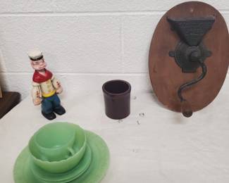 Popeye Cast Iron Bank - PS&W Coffee Mill Mounted on Wood - Jadeite Dishes