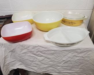 Pyrex Red & Yellow Square Hostess Bowls & Pyrex Yellow Mixing Bowl & Pyrex Divided Casserole Dish - Pyrex Golden Classic Promo Casserole Dish