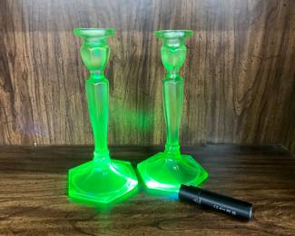 Green Uranium Vaseline Glass Candle Stick Holders