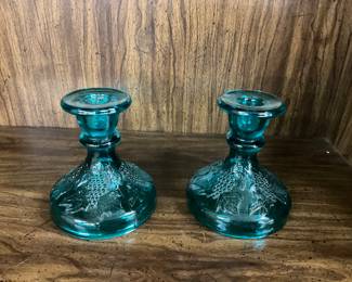 Teal Grape & Leaf Pattern Candle Stick Holders