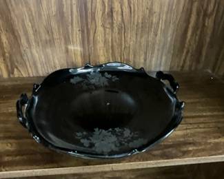 L.E. Smith Black Amethyst Glass Etched Flowers 2 Handled Platter