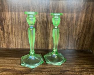 Green Uranium Vaseline Glass Candle Stick Holders