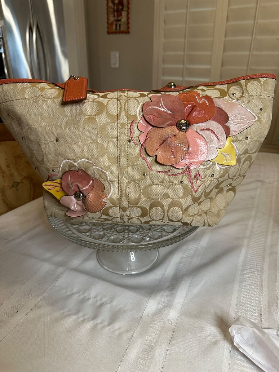 Coach with leather and patent leather pink flowers $85 like new