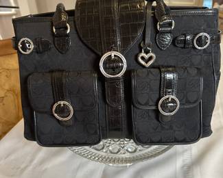 Brighton XL 3 part black canvas handbag with black leather trim and handles $140 like new