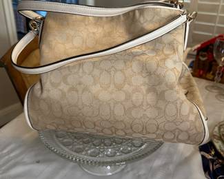 Coach XL Beige canvas with ivory leather trim and handles, 3 part shoulder bag with hidden zip pocket in bottom $85