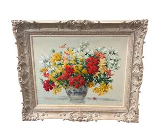 Floral Oil Painting with Carved Frame Signed Pam green