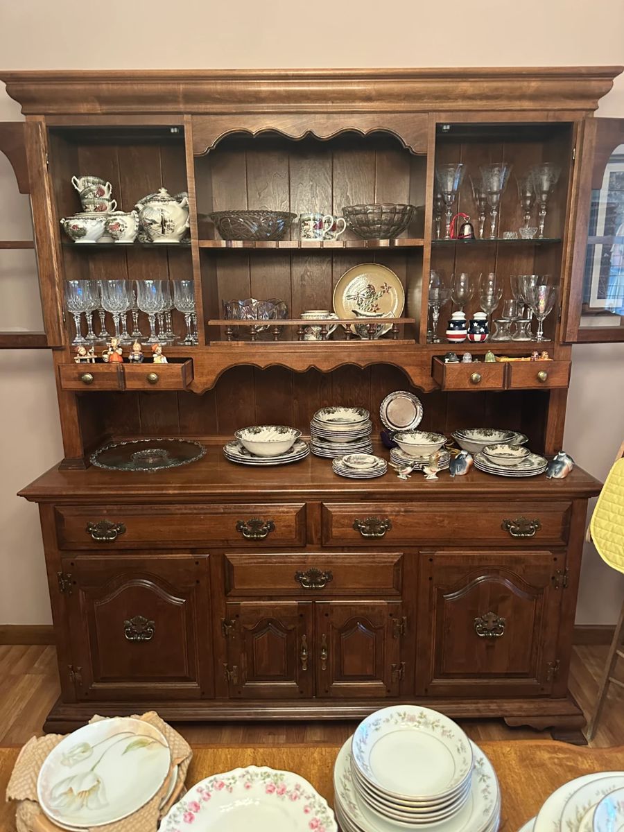 antique all wood hutch, friendly village dish set, crystal glassware, dishware, tea set